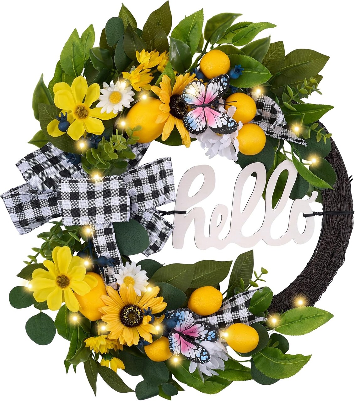 24-Inch Pre-Lit Spring & Summer Lemon Wreath – Sunflowers, Daisies, Eucalyptus with “Hello” Sign & Ribbon for Front Door, Porch, Wall, Farmhouse & Amalfi Coast Decor